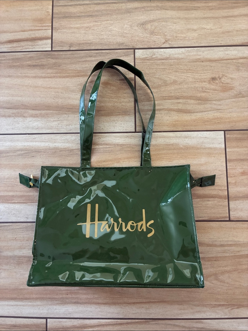 Harrods Dark Green Patent Tote with Gold Logo 15 x 11